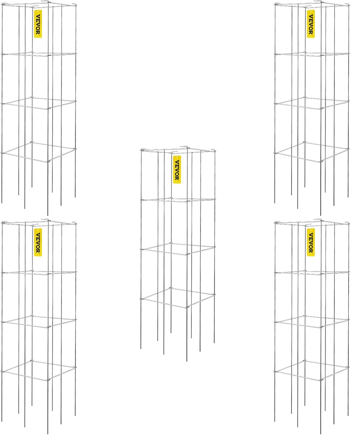 VEVOR Tomato Cages, 11.8" x 11.8" x 46.1", 5 Packs Square Plant Support Cages, Silver PVC-Coated Steel Tomato Towers for Climbing Vegetables, Plants, Flowers, Fruits
