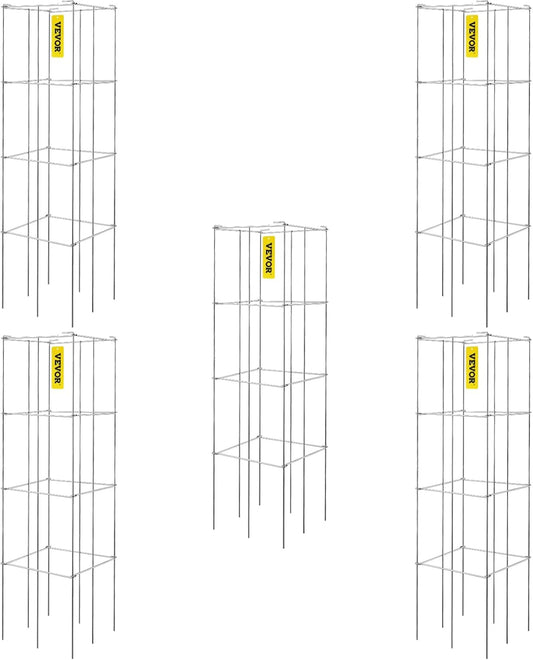 VEVOR Tomato Cages, 11.8" x 11.8" x 46.1", 5 Packs Square Plant Support Cages, Silver PVC-Coated Steel Tomato Towers for Climbing Vegetables, Plants, Flowers, Fruits