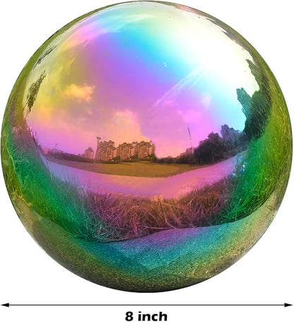 Nerien 8 Inch Gazing Ball, Stainless Steel Garden Mirror Globe, Polished Ornament Sphere, Hollow Floating Reflective Hemisphere, Home Outdoor Pond Housewarming Swimming Pool Decoration Gift, Rainbow
