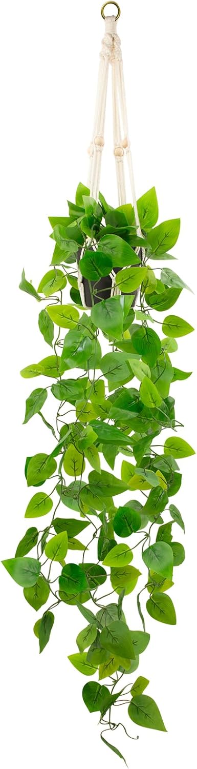 Fake Pothos in Rope - Hanging Pot, Artificial Pothos Plants for Home Decor Indoor Macrame Plant Hanger with Faux Vine Hanging Planter Greenery for Bedroom Bathroom Kitchen Office Decor