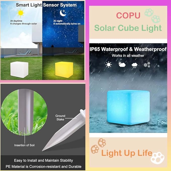 8-in Solar Cube Light Outdoor Waterproof, 16 Colors Illuminate Cube Floor Lamp, Dimmable Glowing LED Tesseract Cosmic w/Ground Stake & Remote Dynamic Effect for Garden Yard Patio Mood Ambient Lighting
