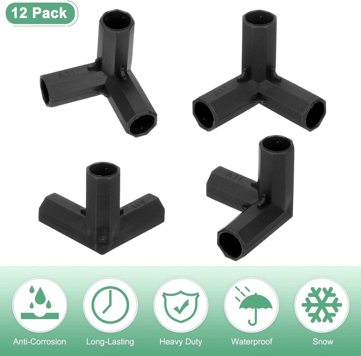 4 Pcs 11mm Greenhouse Frame Building Connectors, 3 Way Right Angle Pipe Fitting for Grape Trellis/Sunscreen Shed/Gardening Plant Stakes, Greenhouse Accessories [Black]
