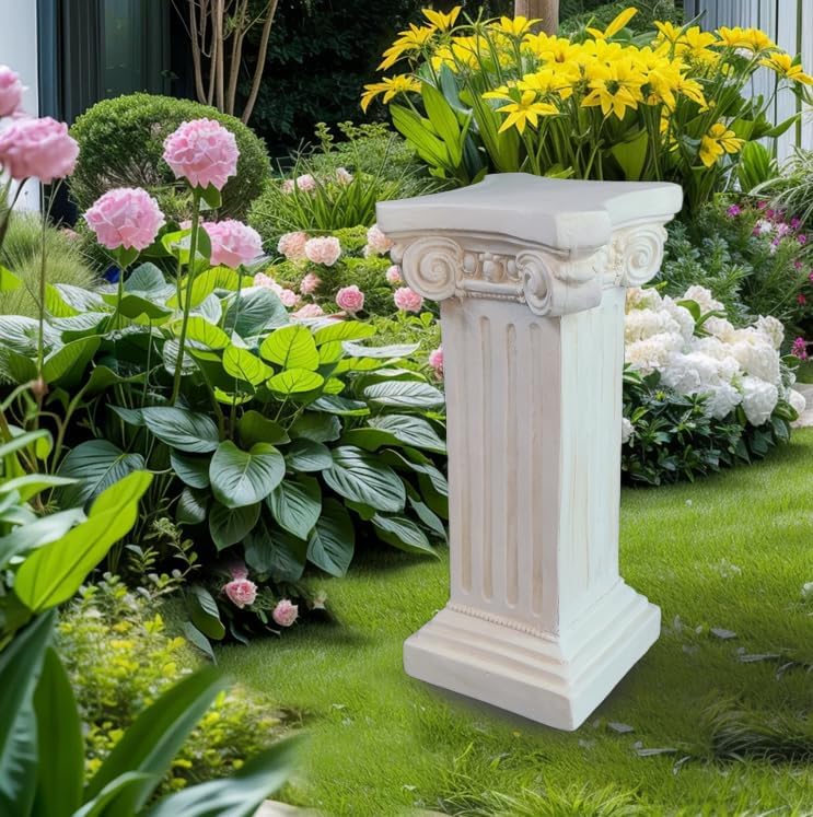 Elegant Classical Greek Roman Ionic Order Vintage Weathered Column Pedestal Decorative Display Stand for Statues Plants, or Vases Perfect for Home Decor and Event Settings, White