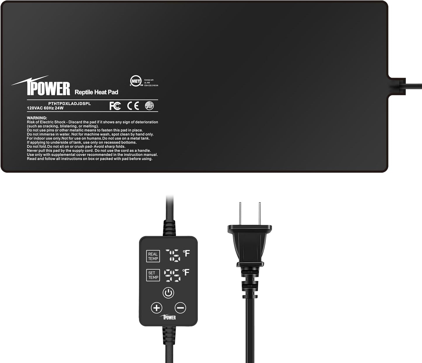 iPower 8 by 18 Inch 24W Reptile Heating Pad with Adjustable Thermostat, Under Tank Warmer Terrarium Heat Mat for Turtles/Snakes/Lizards/Frogs, and Other Reptiles
