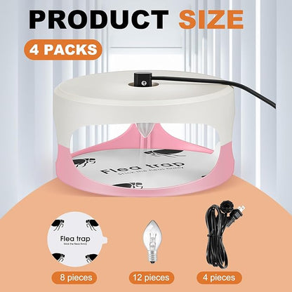 Qualirey 4 Packs Flea Traps for Inside Your Home with 8 Sticky Disc 12 Bulbs 4 Electric Wires, Pest Insects Killer Bed Bug with Light for Indoor Safe to Pets(Round Flea Trap,Pink, White)