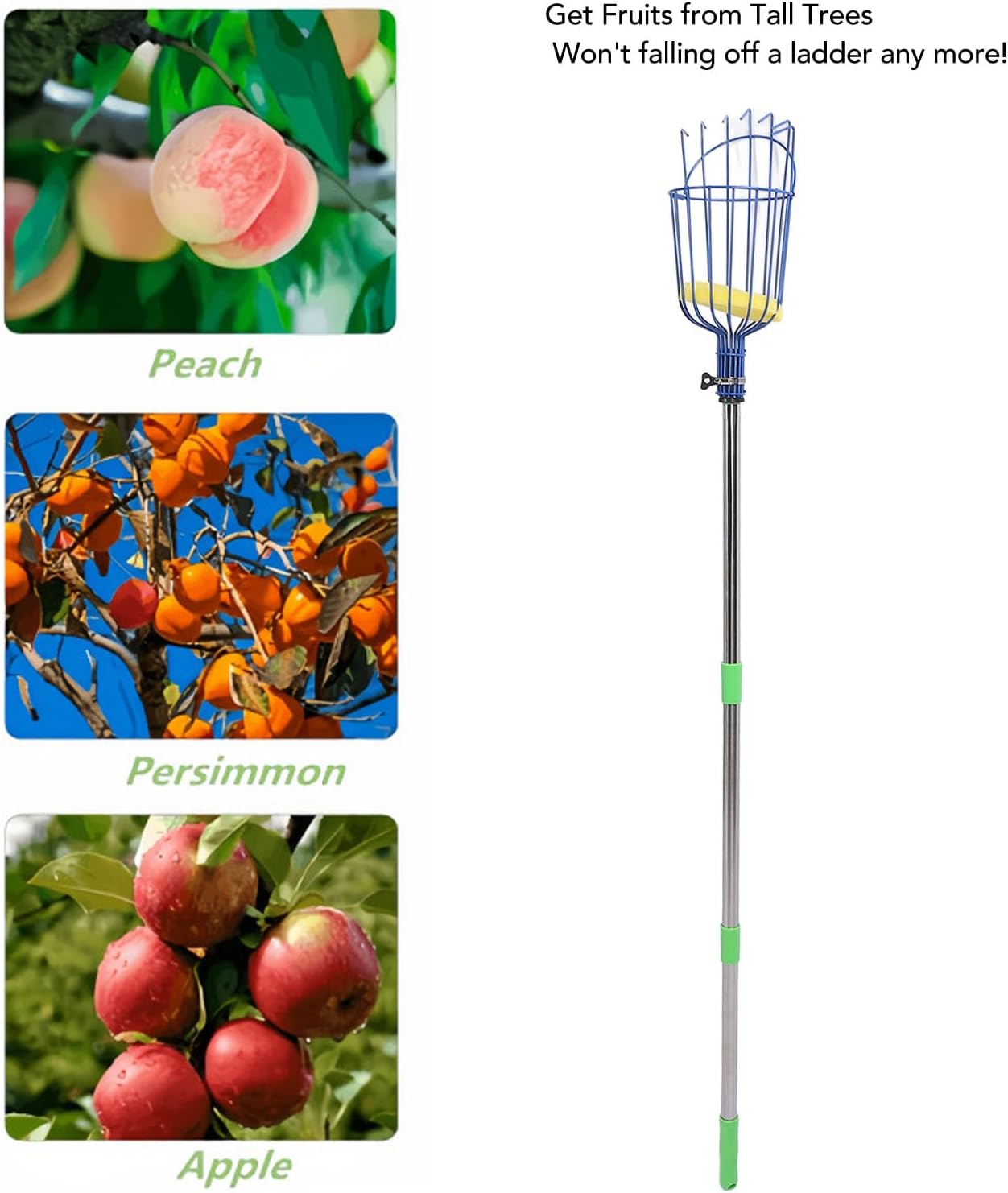 Tyenaza Fruit Picker Pole Tool with Basket Long Handle, Stainless Steel Fruit Picker Tool with Basket Pole Easy to Assemble Fruits Catcher Tree Picker Length Adjustable