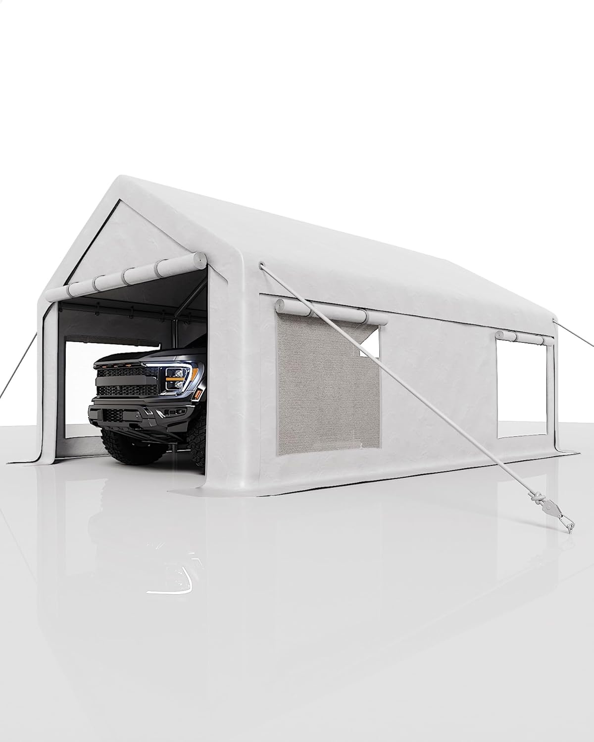 GarveeLife 10x20 ft Carport, Car Port with 200 g PE Tarp, Roll-Up Doors, and 4 Windows, for Sedans, Bass Boats, Motos, ATVs, and SUVs, White