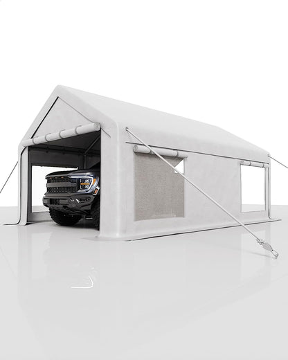 GarveeLife 10x20 ft Carport, Car Port with 200 g PE Tarp, Roll-Up Doors, and 4 Windows, for Sedans, Bass Boats, Motos, ATVs, and SUVs, White