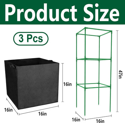 3 Packs 47 x 16 x 16 Inch Garden Tomato Cages with 17.7 Gallon Grow Bags- Square Plant Support Trellis Assembled with Planter Bags- Garden Cucumber Vegetables Frames for Vertical Climbing Plants