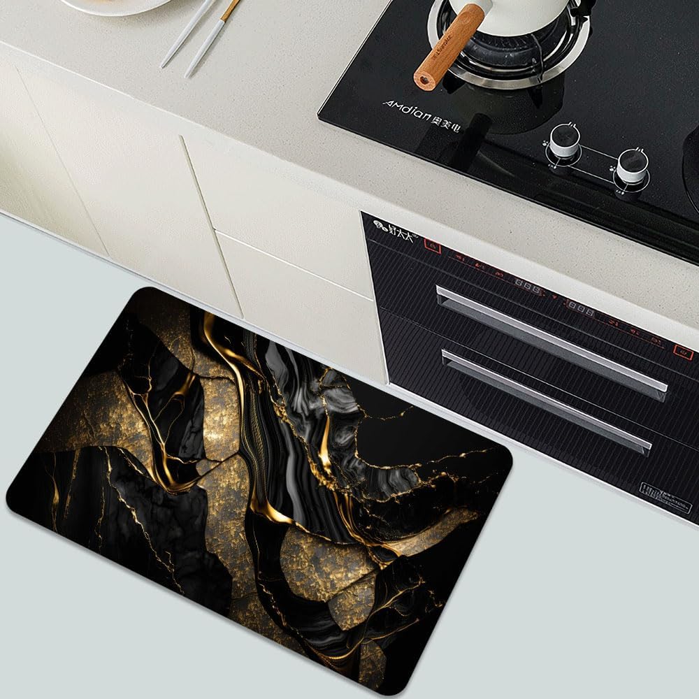 Bath Mat-Bathroom Rug，Black and Metallic Gold Marble-Absorbent Non Slip Quick Dry Stain Resistant Easy to Clean Care Shower Rug for Bathtub Shower Room 17×27.5Inch (43 * 70cm)