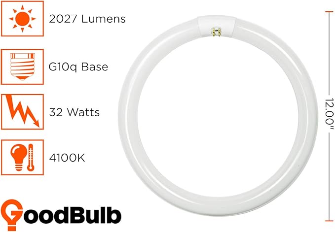 GoodBulb 32-Watt 12 Inch T9 Fluorescent Circline Light Bulb 4100K Cool White Color G10q Base 2027 Lumens 10,000 Life Hours 80 CRI Pack of 12 Bulbs