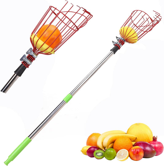 8FT Fruit Picker with Large Basket Telescoping Fruit Picker Pole Foam Padding Prevents Bruising Suitable for Apples Mangoes Pears Oranges Avocados, Red (Pole Included)