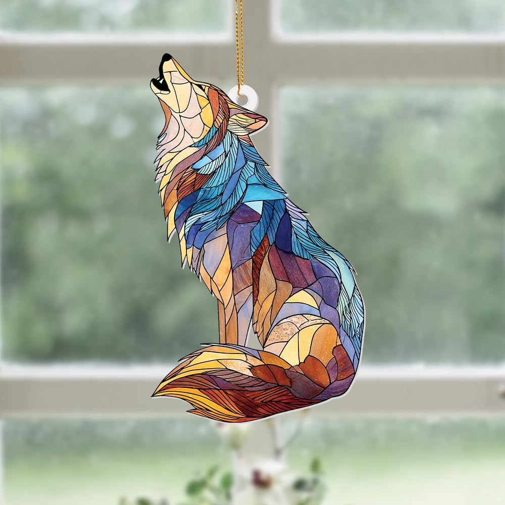 Wolf Stained Glass Ornament, Howling Wolf Window Hanging Acrylic Suncatcher, Wildlife Animal Decor for Home, Car Mirror, Office, Collectible Ornament Gift for Wolf Lovers (Sun-09)