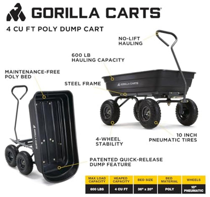 Gorilla Carts Heavy-Duty Poly Garden Dump Cart, 4 Cu Ft, 600 lb Capacity