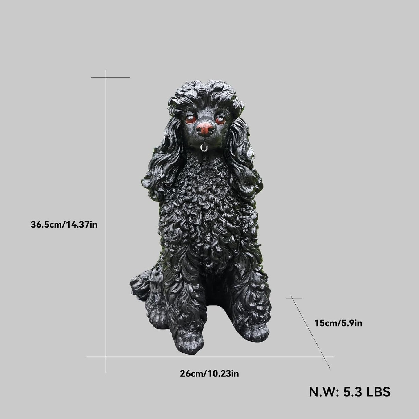 Porch Greeter Dog Statue with Flip-Over “Welcome/ON Patrol” Hanging Plaque and Solar Walkway Lantern, Black Sitting Poodle Yard Accent