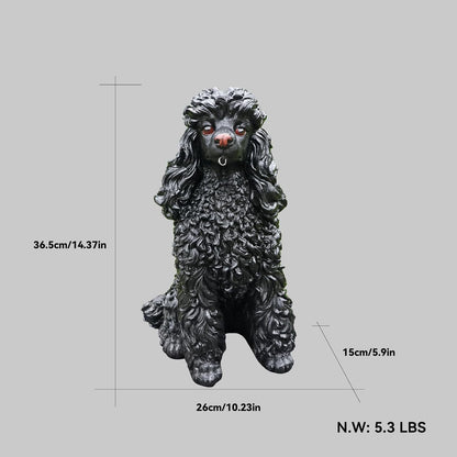 Porch Greeter Dog Statue with Flip-Over “Welcome/ON Patrol” Hanging Plaque and Solar Walkway Lantern, Black Sitting Poodle Yard Accent