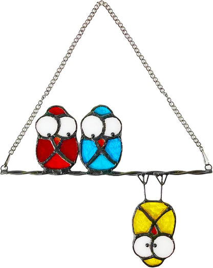 Double-Side High Stained Glass Suncatcher Panel, Multicolor Owls Suncatcher for Windows Doors Room Home Decoration Hummingbird Ornamentand Gifts for Bird Lovers Owl Gifts for Mom,Grandma(red)