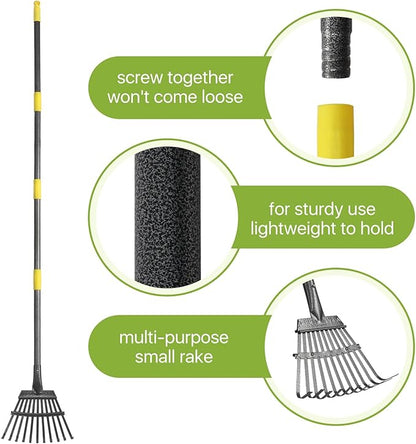 Rake for Leaves, Small Leaf Rake for Garden, 70-inch Adjustable Metal Rakes-Tool with 11 Steel Tines for Gardening, Yard, Shrub, Flower Beds, Lawns