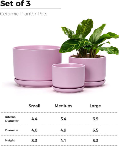 Ton Sin Plant Pots, 4.1+5.1+6.5 inch, Set of 3, Ceramic Planters with Drainage Hole and Saucer, Indoor Flower Pot with Drainage Hole, Gifts for Mom(Matte Pink)