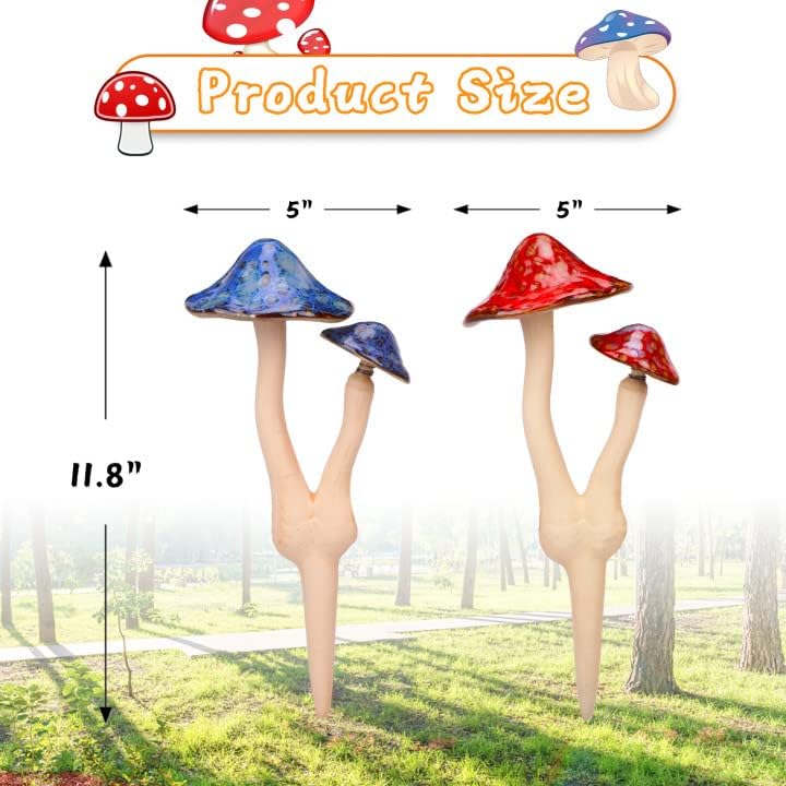 Mushroom Yard Decor - 2pcs Ceramic Mushroom Statue for Garden, Fairy Garden Stakes Ceramic Lawn Ornament Decor Plants Stake