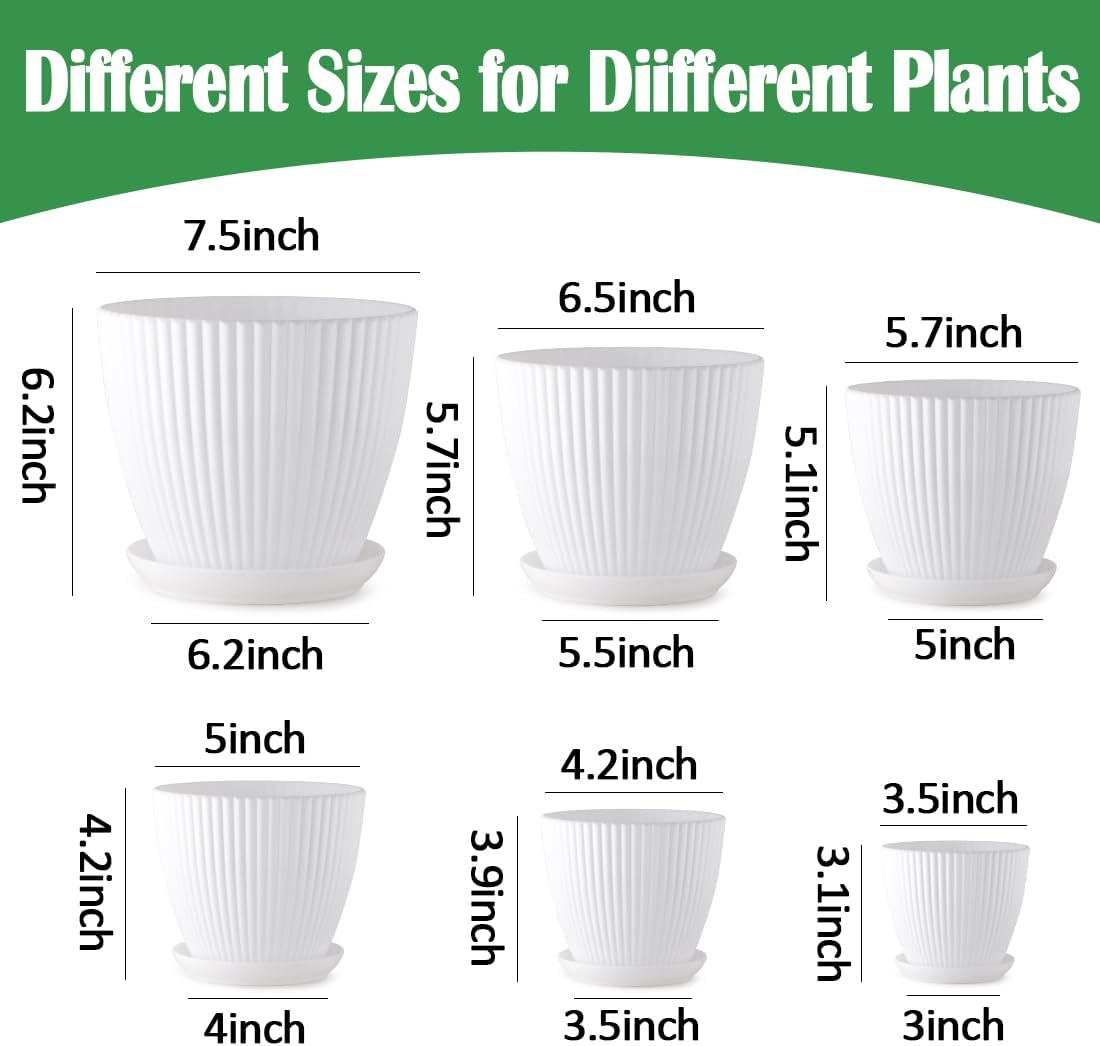 7.5/6.5/5.5/4.9/4.2/3.5 Inch Plant Pots with Drainage Holes and Saucer, Plastic Flower Pots for Indoor Plants, Lightweight Planter Pots for Plants, White