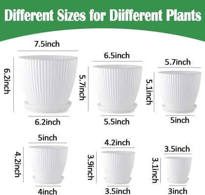 7.5/6.5/5.5/4.9/4.2/3.5 Inch Plant Pots with Drainage Holes and Saucer, Plastic Flower Pots for Indoor Plants, Lightweight Planter Pots for Plants, White