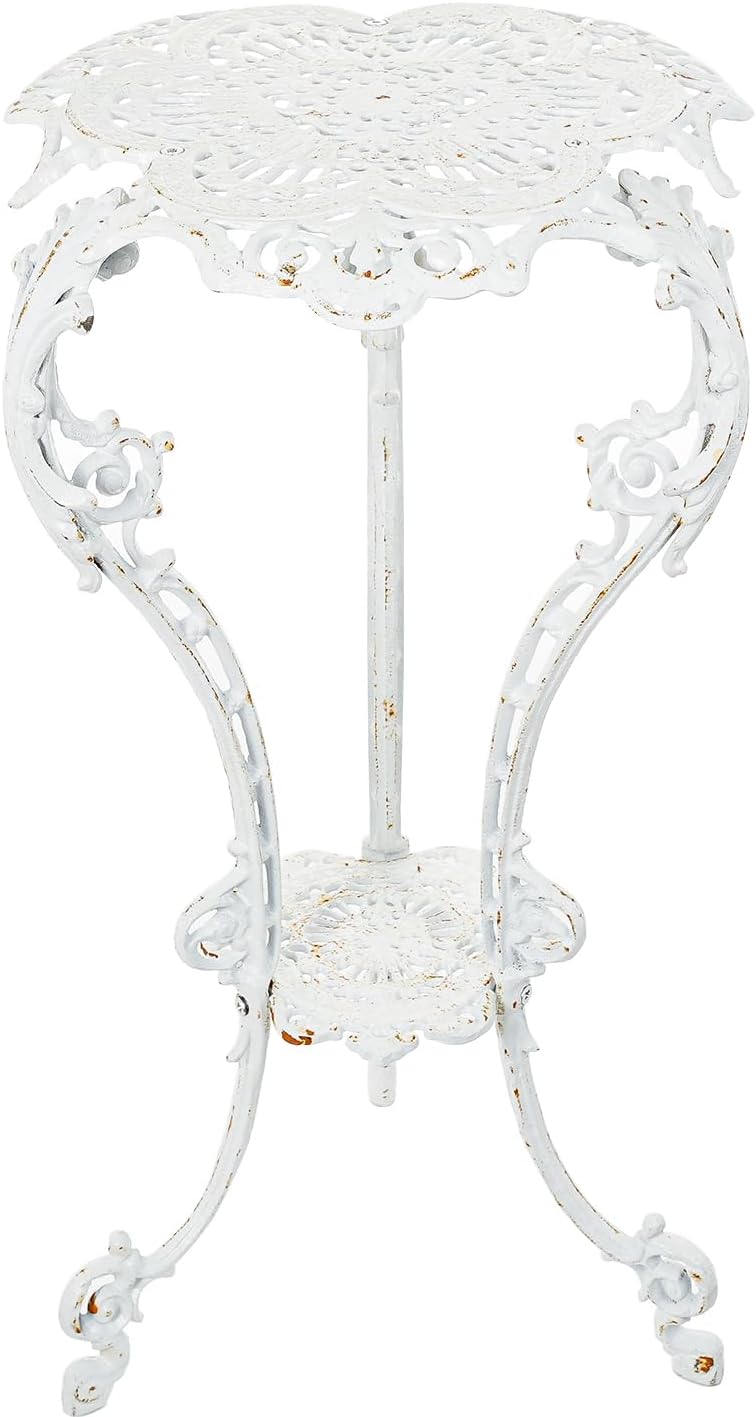 Sungmor Heavy-duty Cast Iron Plant Stand Patio Side Table, 15.3" Wide 27.5" Tall 2-layer Potted Pedestal, Vintage Rust White Planter Holder, Elegant Victorian Style Indoor Outdoor Decorative Pot Stand
