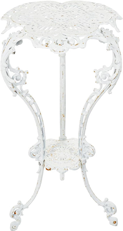 Sungmor Heavy-duty Cast Iron Plant Stand Patio Side Table, 15.3" Wide 27.5" Tall 2-layer Potted Pedestal, Vintage Rust White Planter Holder, Elegant Victorian Style Indoor Outdoor Decorative Pot Stand