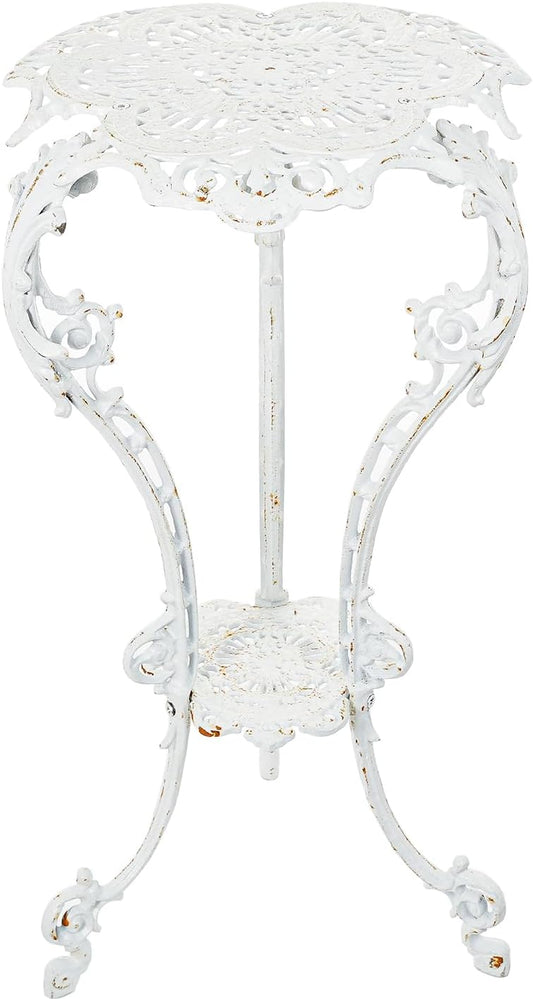 Sungmor Heavy-duty Cast Iron Plant Stand Patio Side Table, 15.3" Wide 27.5" Tall 2-layer Potted Pedestal, Vintage Rust White Planter Holder, Elegant Victorian Style Indoor Outdoor Decorative Pot Stand