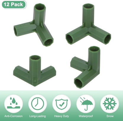 12 Pcs 11mm Greenhouse Frame Building Connectors, 3 Way Right Angle Pipe Fitting for Grape Trellis/Sunscreen Shed/Gardening Plant Stakes, Greenhouse Accessories [Green]