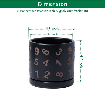 D'vine Dev Set of 2 Ceramic Planter Pots with Drainage Hole and Saucer, 4.5 Inch Plant Pots for Plants Indoor Houseplants, Black, 99-Z-B-2-V