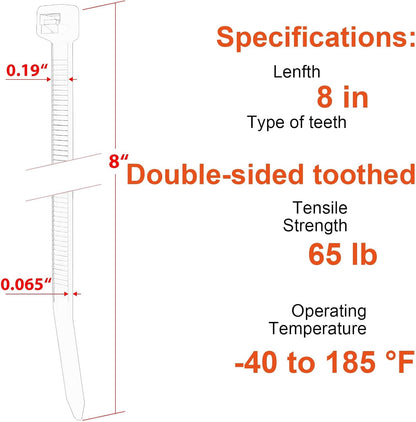 8 Inch Zip Ties Double Sided Toothed,65LBS Tensile Strength Heavy Duty Cable Wire Ties With Self-Locking Adjustable More Durable Nylon Tie Wraps for Indoor Outdoor（100 Pack）