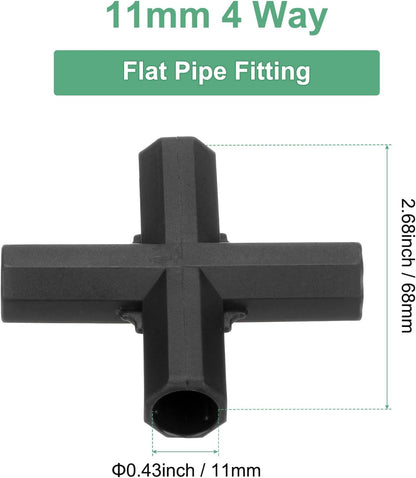 4 Pcs 11mm Greenhouse Frame Building Connectors, 4 Way Flat Pipe Fitting for Grape Trellis/Sunscreen Shed/Gardening Plant Stakes, Greenhouse Accessories [Black]