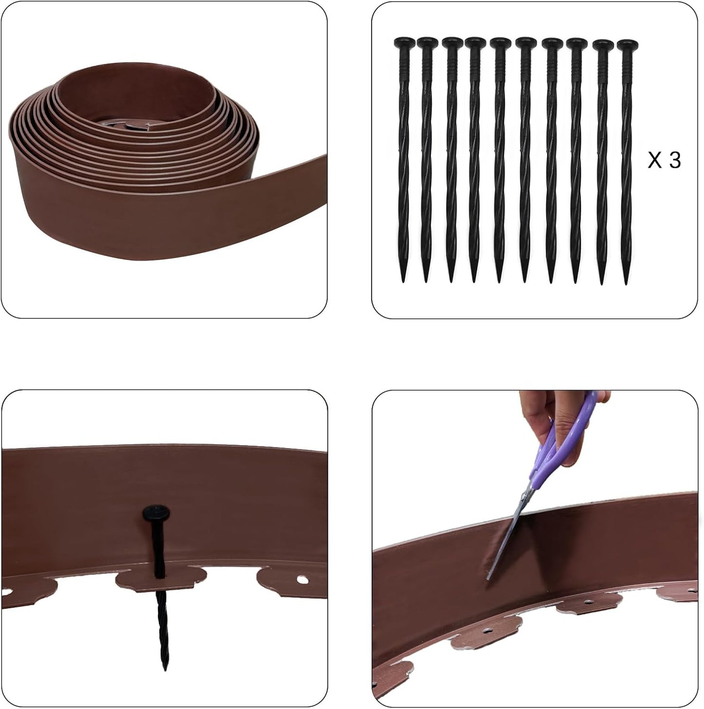 Garden Edging 33FT, 4IN High Landscape Edging Border Plastic Lawn Edging Roll with 50 Spikes for Yards, Flower Bed Edge, Sidewalks, Pathway, Brown