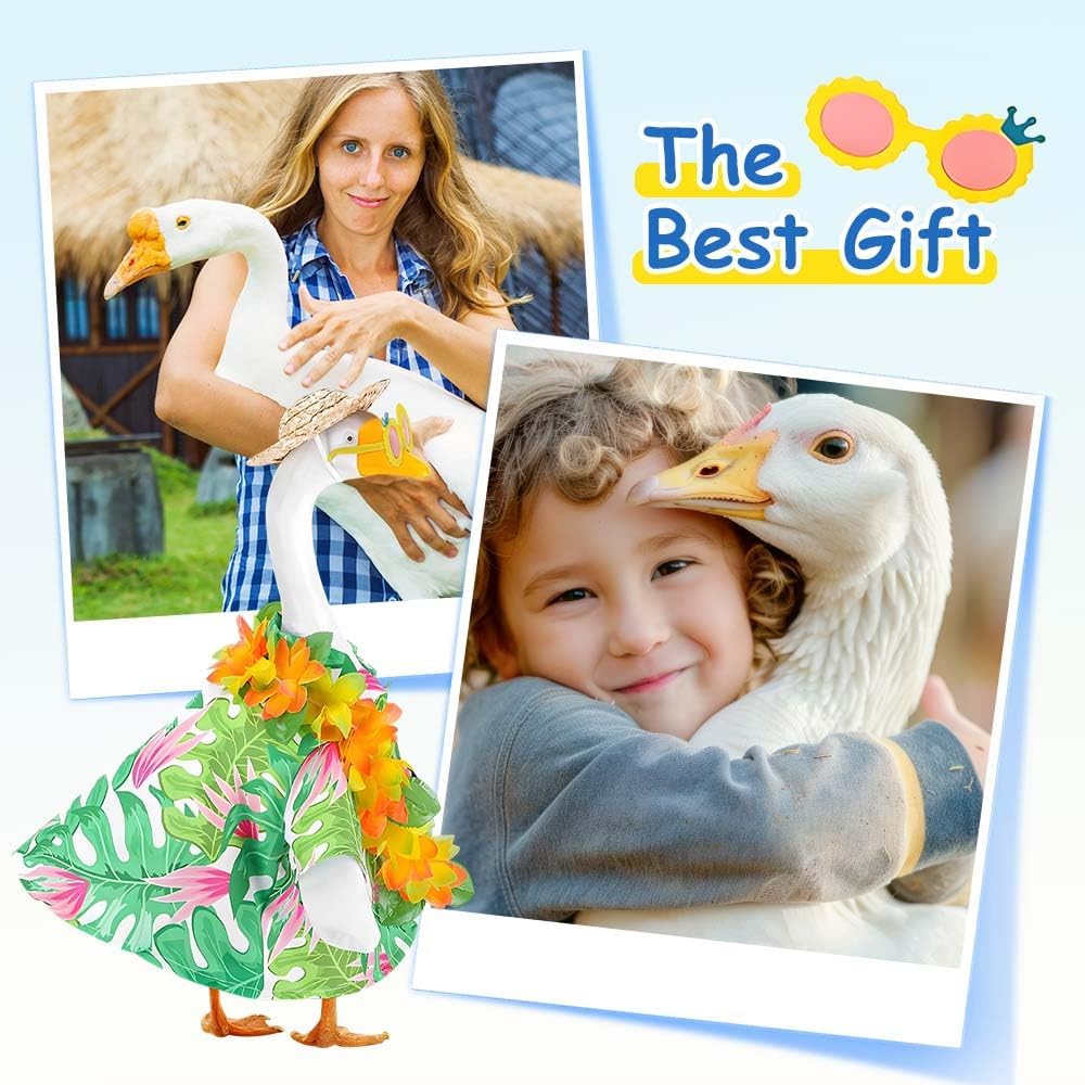 Hawaiian Porch Goose Outfits,2025 New Yard Goose Clothes Hawaiian Wreath with Straw Hat Glasses,4 Pcs/Set Summer Lawn Goose Costume,for 23" Statue Patio Garden Decoration