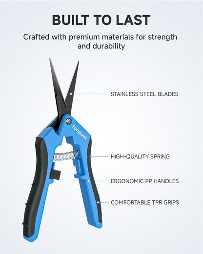 Fondwell 6.5" Pruning Shears Garden Scissors: 2 Pack of Ultra Sharp Trimming Scissors with Non-Stick Teflon Coating - Reliable Flower Snips for Managing Small Plants