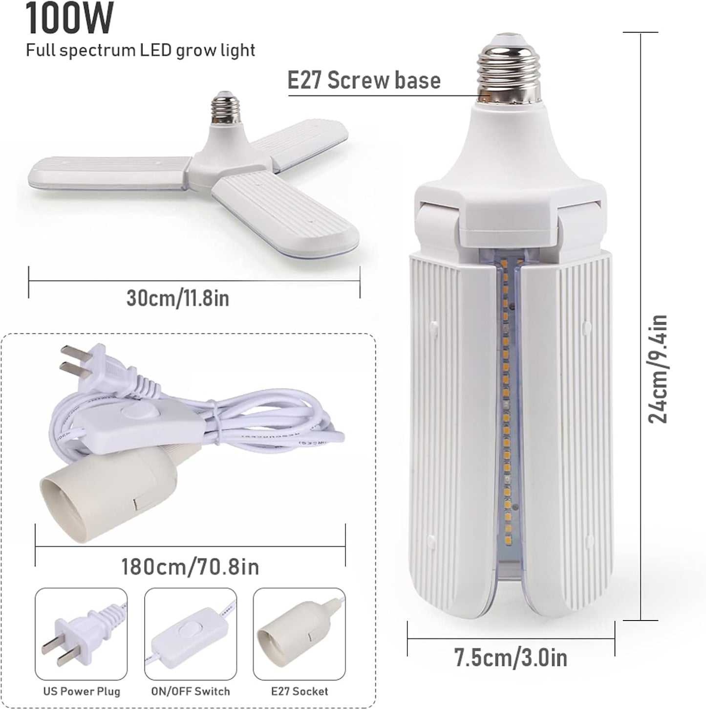 150W LED Grow Light Bulb 414 LEDs Sunlike Full Spectrum Foldable Plant Grow Light with Extension Hanging Pendant Light Cord Cable, Led Grow Lamp for Indoor Plants, Greenhouse, Hydroponic , E27 Base