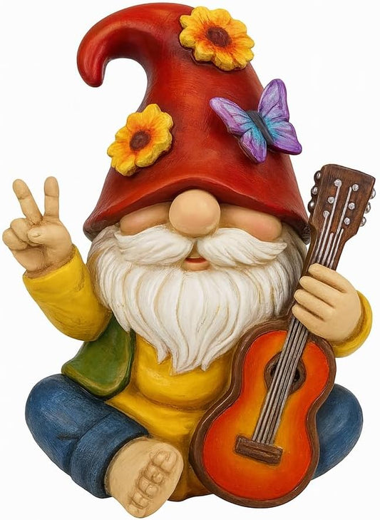 Peace Sign Garden Gnome Figurine Outdoor Statue, Funny Guitar Playing Dwarf Rock Music Decor - 6‘’ Resin Lawn Ornament, Unique Housewarming Gift for Music Lovers & Gardeners (Red)