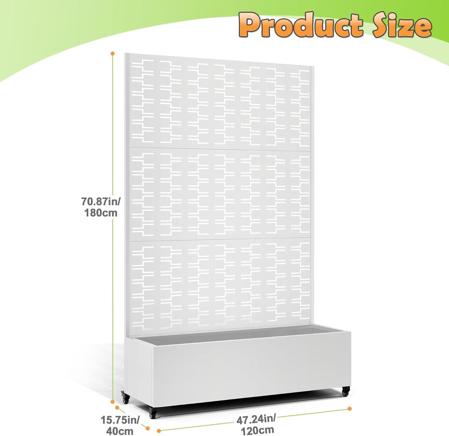 Metal Raised Garden Bed with Trellis, 2-in-1 Planter Box & Privacy Screen for Climbing Plants, Outdoor Standing Flower Bed with Drainage Holes, 47.2" L x 16.7" W x 70.8" H, White-Brick