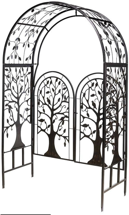 Plow & Hearth Metal Tree of Life Arched Garden Arbor w/Gate | Laser-Cut Design | Plant Support | Landscape Focal Point | Steel | 53" W x 22¾"D x 84" H
