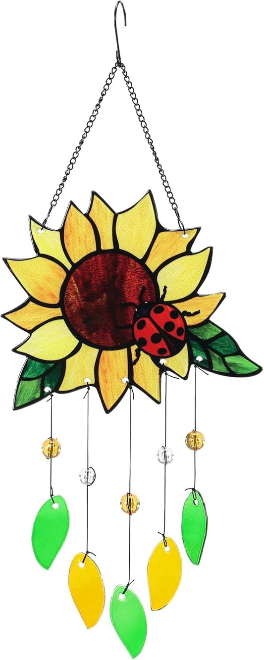 Stained Glass Suncatcher, Sunflower and Ladybug Window Hanging, 20 x 8 inches, Hand-Painted (Style