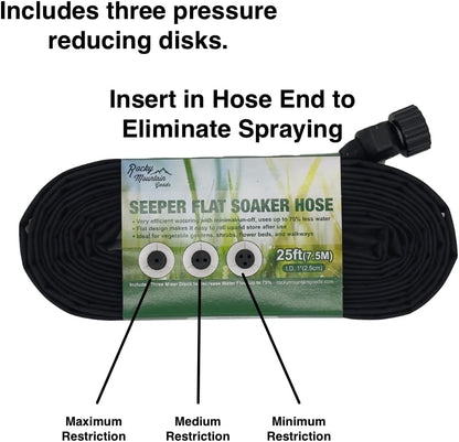 Rocky Mountain Goods 25 Foot Flat Weeper Soaker Hose - Drip Irrigation - Double Layer Design - Saves 70% Water - Consistent Drip Entire Length of Hose - Includes 3 Pressure Reducing Discs