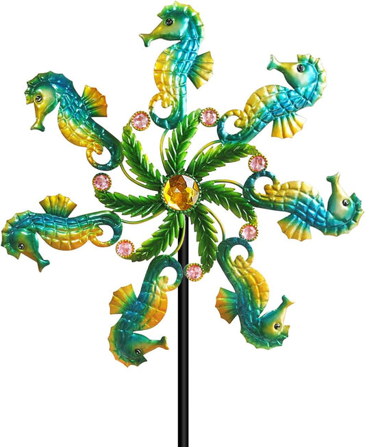 Seahorse Wind Spinners - 39" Ocean-Themed Metal Wind Sculptures Garden Stake Art, 13.5” Windmill Yard Kinetic, Outdoor Decor for Patio & Lawn - Metal Beach Sculpture with Seahorse Design