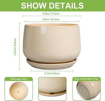 G EPGardening 4 inch Plant Pots - Ceramic Planter with Drainage Hole & Saucer, Small Plant Pots for Indoor Outdoor, Round Succulent Pot, Modern Decorative Flower Pot, Desk Decor, Garden Gifts, Beige