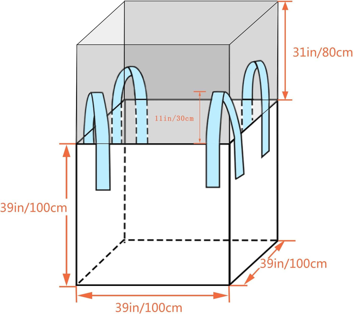 FIBC Bulk Bag - 2650 lbs Capacity, 39x39x39 inches, Polypropylene (PP), Open Top, White, Rectangular, Reusable, 1-Pack