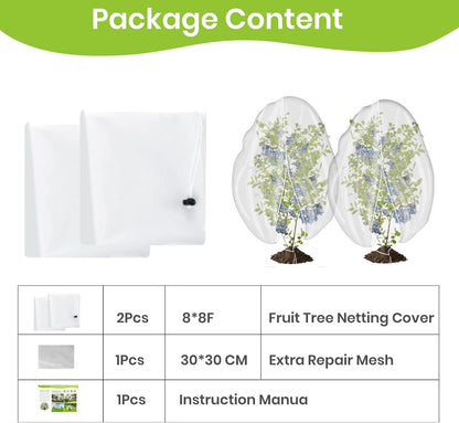 2Pcs Large 8x8ft Fruit Tree Netting Cover with Zipper, Rope, Lock Buckle - Mesh Bags for Garden Protection - Insect Bird Plant Netting for Garden, Fruit Trees, Blueberry Bushes, Flower