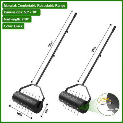 18-inch Rolling Lawn Aerator Tool, 50"-70" Handle Heavy Duty Spike Aerator with Sandbag, 40 Iron Spikes Tighten with Patience, Manual Rolling Aerator Lawn for Yard Garden