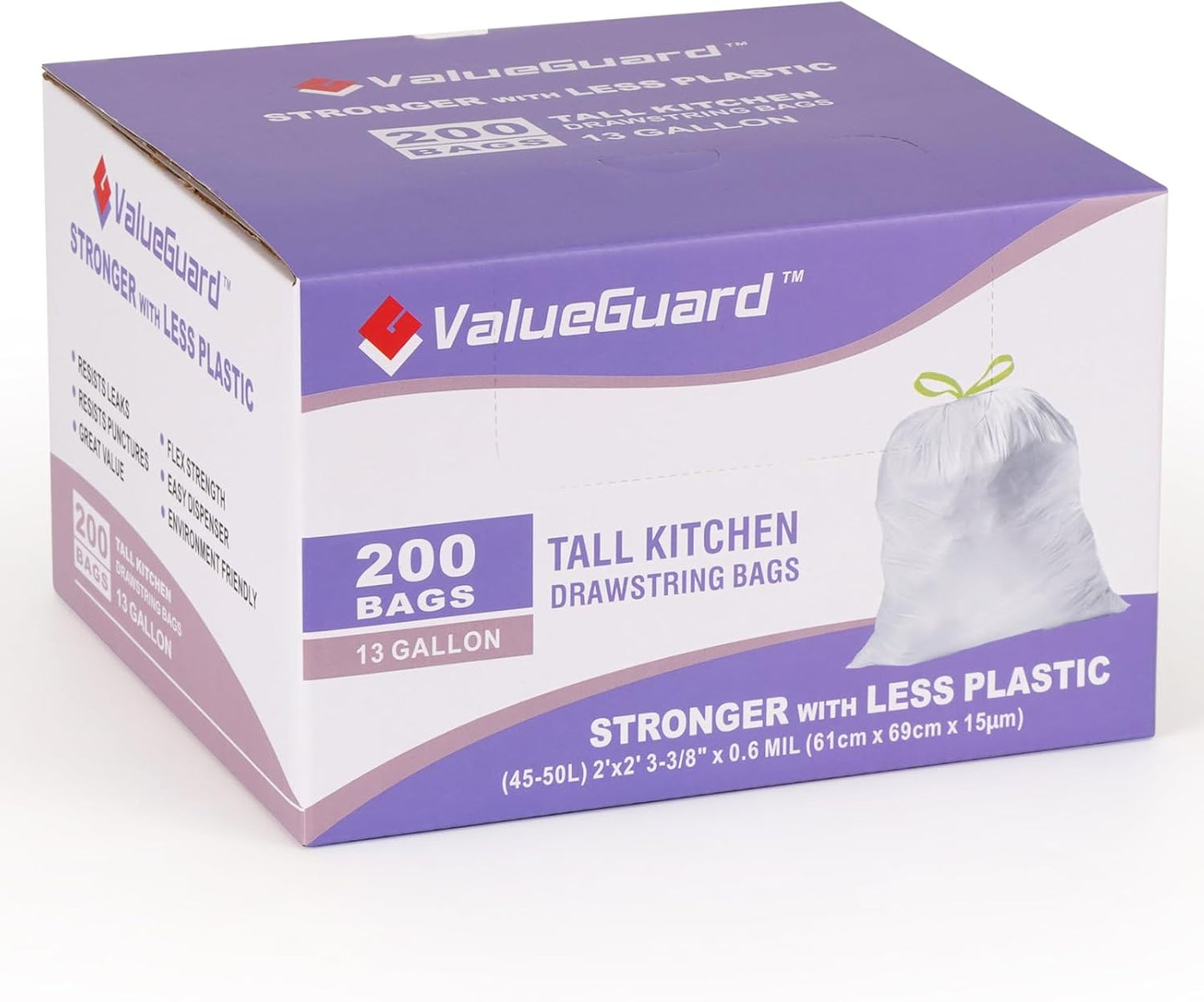 Trash Bags Garbage Bag 13 Gallon Drawstring Tall Waste Bag for Kitchen Office Party 0.6 Mil (200 Count)