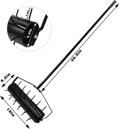 18 Inch Heavy Duty Rolling Lawn Aerator, Adjustable Weight Manual Roller Lawn Aerator Tool with Pre-Welded Spike, Hand Roller Soil Aerator for Garden Yard Lawn Grass Care with 49 Inch Steel Handle
