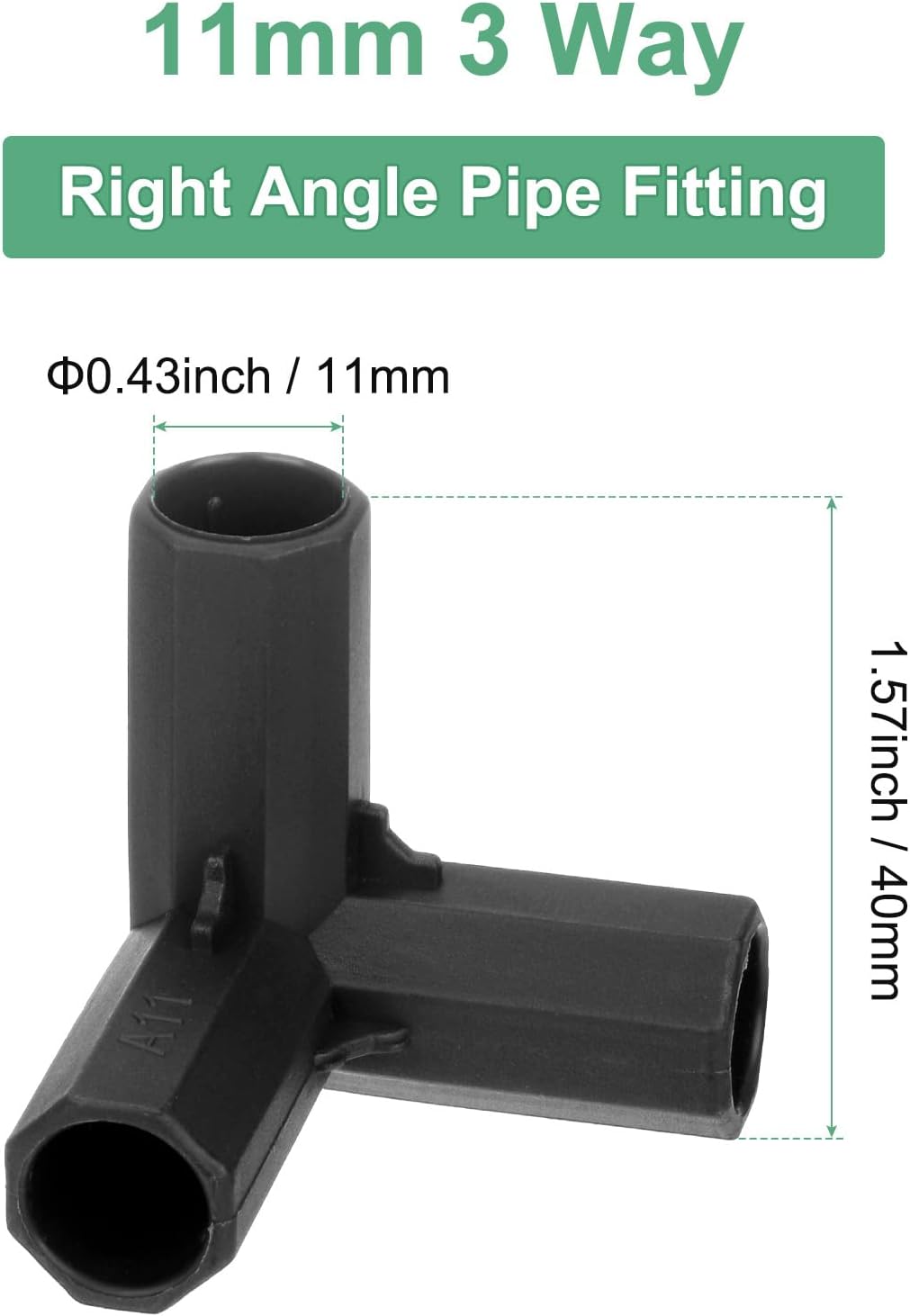 12 Pcs 11mm Greenhouse Frame Building Connectors, 3 Way Right Angle Pipe Fitting for Grape Trellis/Sunscreen Shed/Gardening Plant Stakes, Greenhouse Accessories [Black]